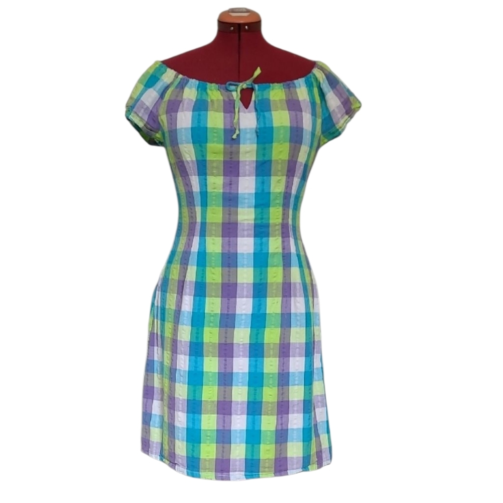 Plaid Off-Shoulder Mini Dress Green Purple Cotton
